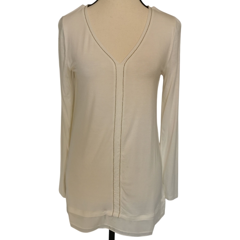 White House Black Market Long Sleeve V-Neck White Silky Top Sz XS Open To Offers